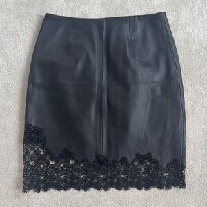 Reiss Black Leather Pencil Skirt with Lace Hem, size 2